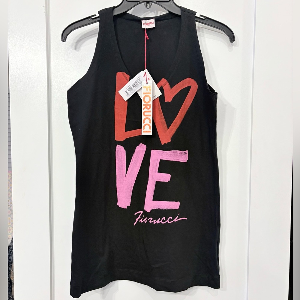 Fiorucci Black Orange Graphic Tank Top Made in Italy Cotton Spandex SIZE XS NEW!